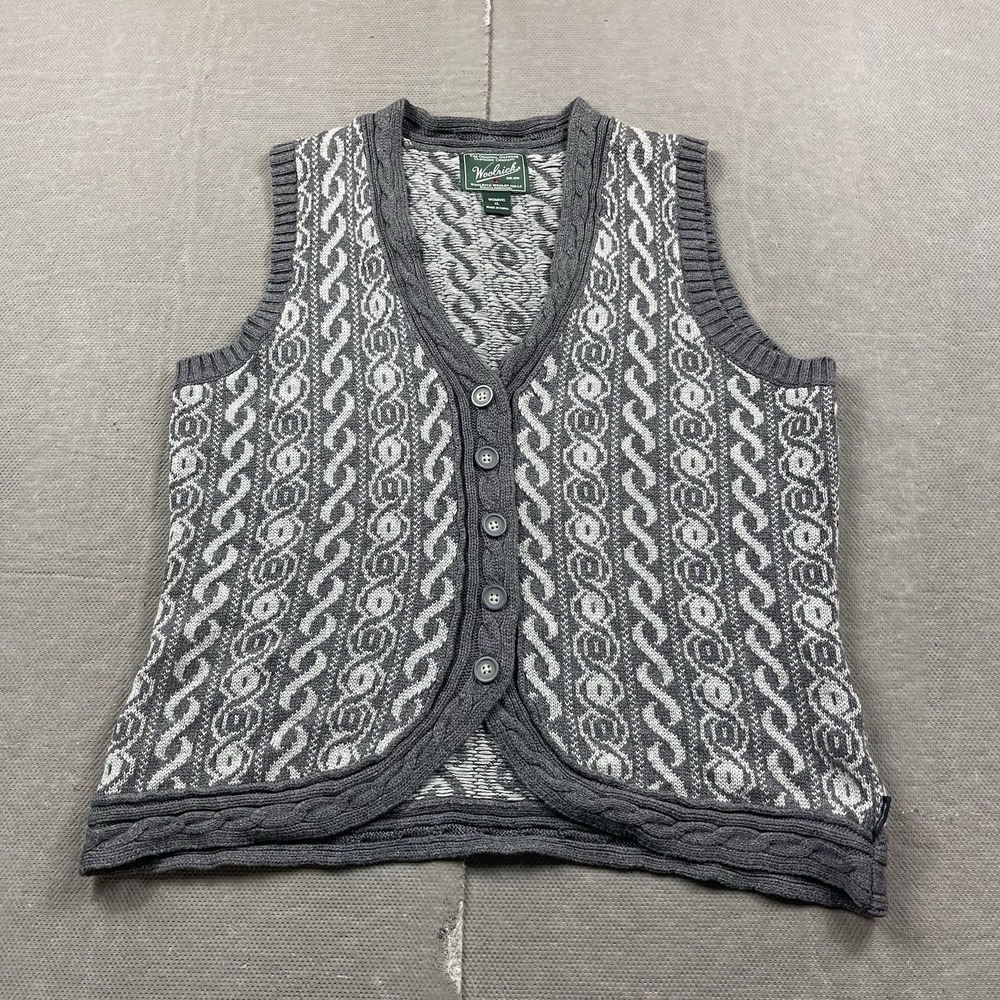 Woolrich Sweater Vest Womens XL Gray White Button Up Cotton Pattern Winter Cozy